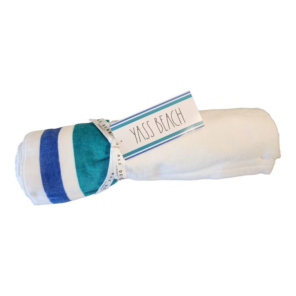 Rae Dunn Beach towel YASS BEACH 36in x 68in white and blue
